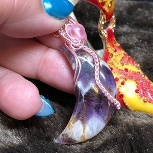 💜Chevron amethyst and mermaid glass crescent MOON pendant